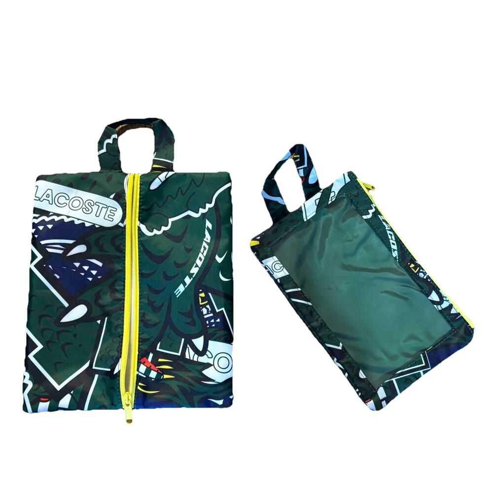 Lacoste Foldable Reusable Tote Bag Green Crocodile Print Packable w/ Zip Pouch - Picture 1 of 6